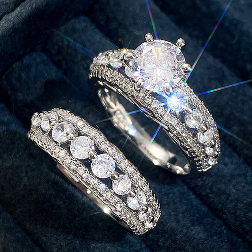 Three Piece Round Stone Pavé Ring Set Metal Jewelry Design shown from an alternate angle