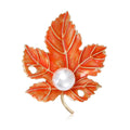 Orange Enamel Maple Leaf Brooch Gold Tone White Pearl view 1