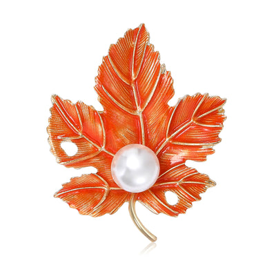 Orange enamel maple leaf brooch with white pearl front view