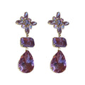 Purple Crystal Floral Teardrop Earrings With Polished Metal Tone Details view 5