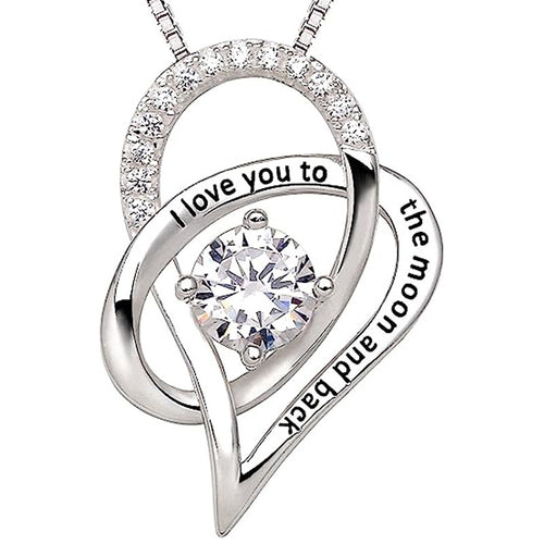 Alternate product view of silver tone layered heart pendant necklace with clear stones