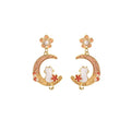 Pink Crescent Moon Rabbit and Flower Gold Stud Earrings view 5