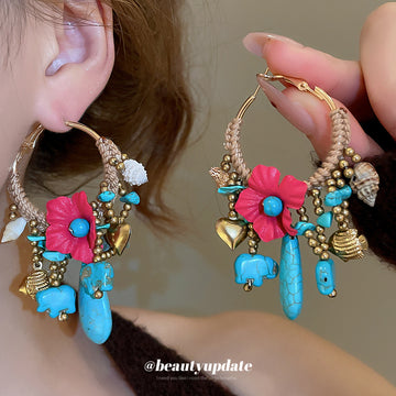Beaded Elephant And Fish Charm Hoop Earrings Statement Jewelry