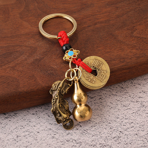 Brass Gourd Zodiac Pixiu Keychain with Red Cord Charm