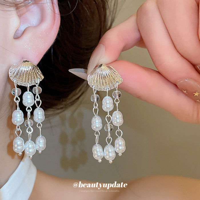 Shell and Faux Pearl Cascade Long Drop Earrings Statement Jewelry Design