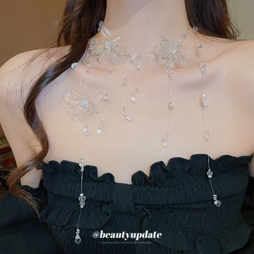 Clear Flower Long Drop Clip Earrings Or Floral Choker Necklace