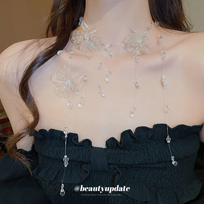 Clear Flower Long Drop Clip Earrings Or Floral Choker Necklace