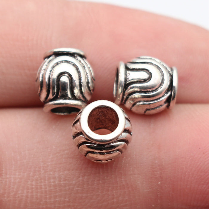 Antique Silver Swirl Carved Round Large Hole Metal Bead