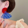 Red Disc and Blue Filigree Drop Earrings Fashion Earrings view 3