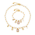 Gold Titanium Steel Seashell Pearl Necklace Bracelet Zircon Tags view 5