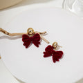 Burgundy Velvet Bow Gold Round Petite Stud Earrings view 2