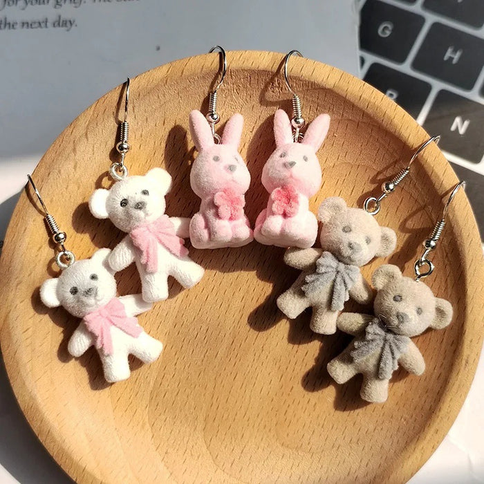 Flocked Bear Rabbit Koala Figure Drop Earrings 5 Styles
