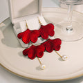 Deep Red Layered Ginkgo Leaf Pearl Look Drop Earrings view 2