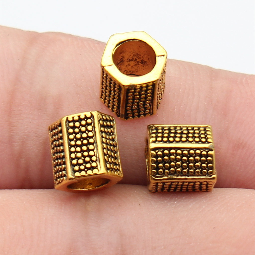 7.9x7.6x7.6mm 1.6g Antique Gold Zinc Alloy Pitted Hexagon Prism Large Hole Beads for DIY Jewelry Making