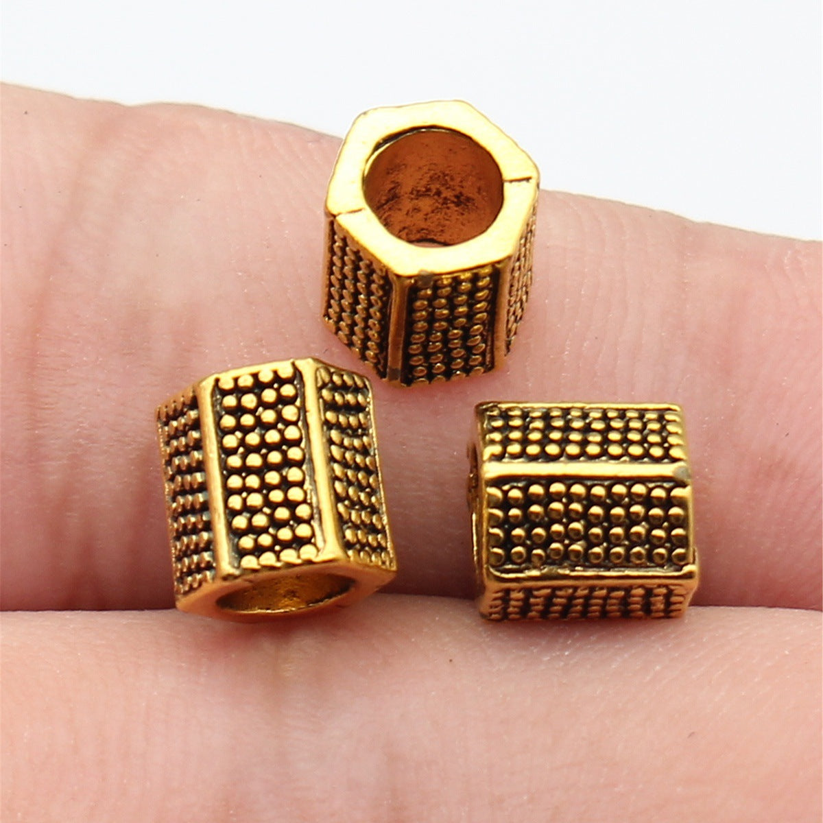 7.9x7.6x7.6mm 1.6g Antique Gold Zinc Alloy Pitted Hexagon Prism Large Hole Beads for DIY Jewelry Making