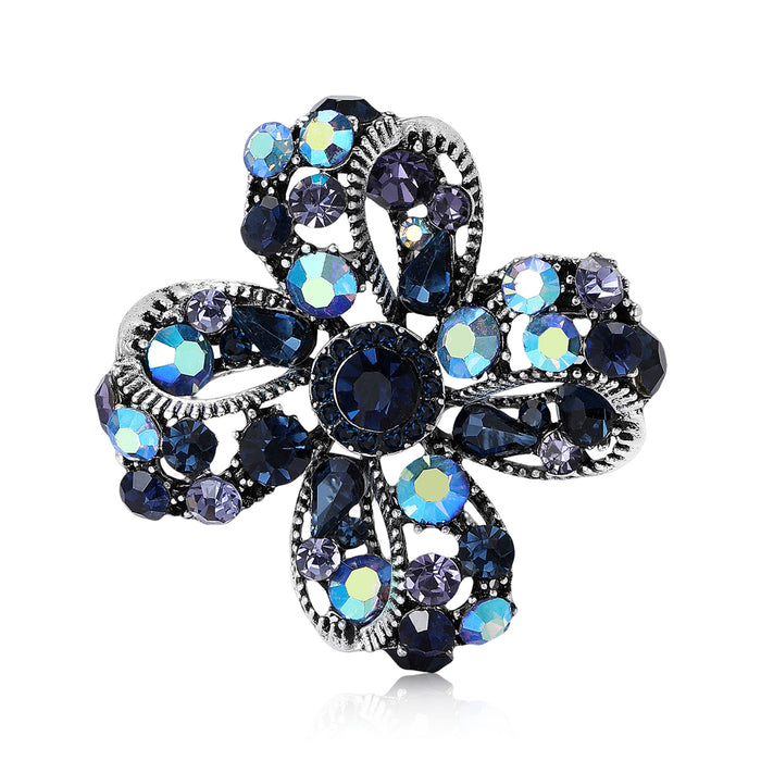 Openwork Rhinestone Clover Flower Brooch Purple Blue