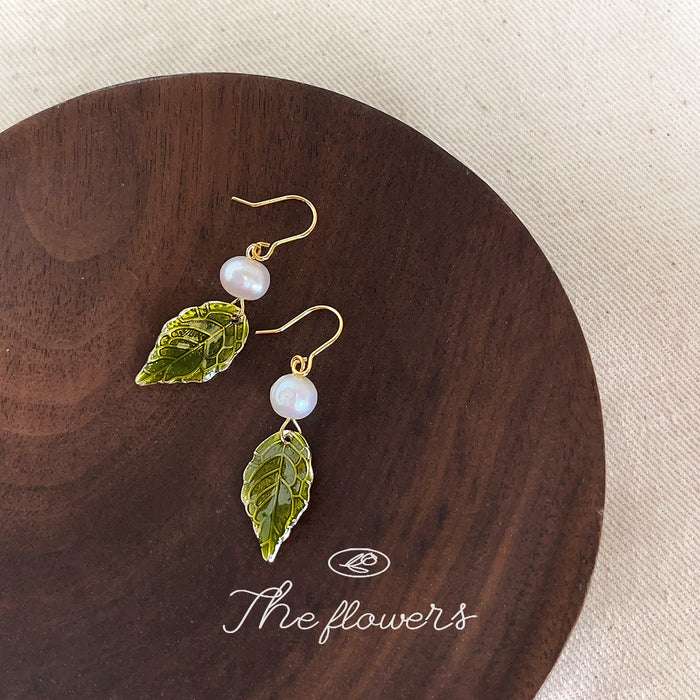 Gold Hook Green Enamel Leaf Pearl Drop Earrings Pair