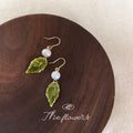 Gold Hook Green Enamel Leaf Pearl Drop Earrings Pair view 1