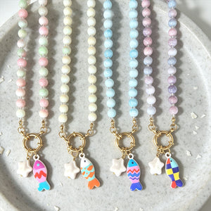 Painted Fish And Pearl Look Star Charm Beaded Necklace
