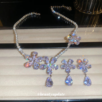 Silver Crystal Flower Necklace and Drop Earrings Pieces
