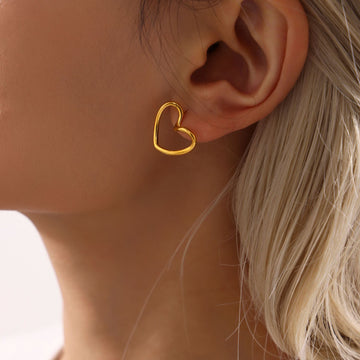 Gold Open Heart Outline Stud Earrings Polished Finish