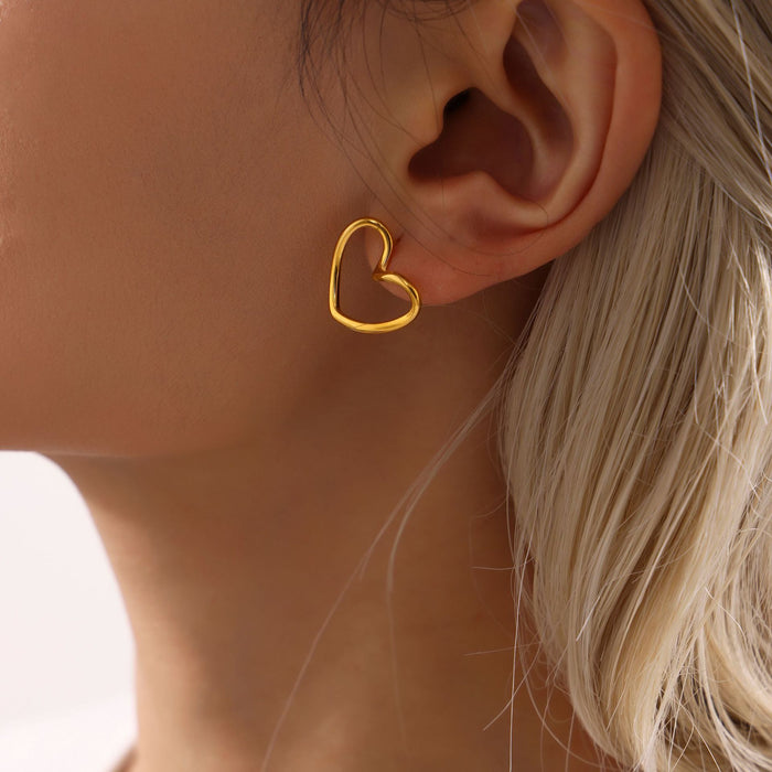 Gold Open Heart Outline Stud Earrings Polished Finish
