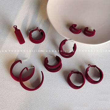 Wine Red Velvet Flocked Round And Triple Band Hoop Earrings