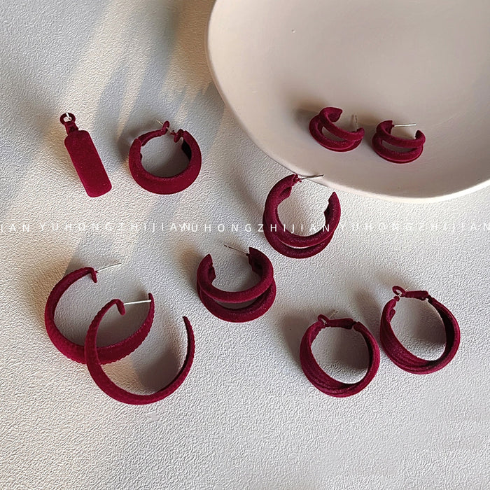 Wine Red Velvet Flocked Round And Triple Band Hoop Earrings