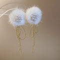 Fluffy Pom Pom Pearl Cluster and Gold Chain Drop Earrings view 6