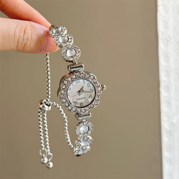 Rhinestone Quartz Watch Bracelets Green Dial Silver Two