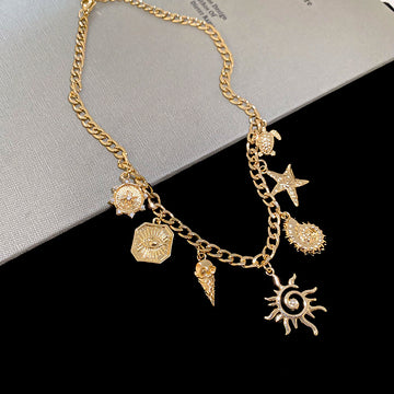 Gold Curb Chain Ocean Charm Necklace Sun Star Turtle Shell