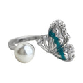 Silver Tone Blue Butterfly Wing Clear Stone And Pearl Open Ring view 5