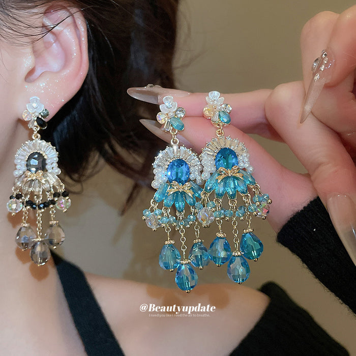 Crystal Floral Chandelier Earrings in Black and Blue