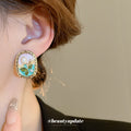 Pastel Garden Floral Oval Stud Earrings With Gold Trim view 3