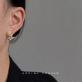 Gold Tone Rose Flower Green Leaf And White Pearl Stud Earrings view 2
