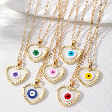 Gold Frame Heart Resin Evil Eye Pendant Necklaces 7 Colors