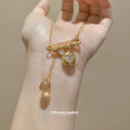 Gold Tone Pin Bar Necklace with Crystal Drop Charms view 4
