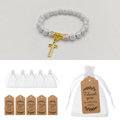 White cross bead bracelet with organza bags and kraft tags