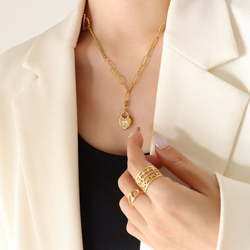 Gold Steel Heart Padlock OT Mixed Chain Necklace 45cm