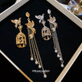 Asymmetric Bird And Cage Dangle Stud Earrings Statement Pair view 2