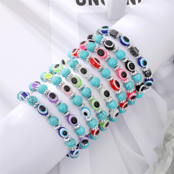 Silver Tone Turquoise Color Bead Evil Eye Stretch Bracelets