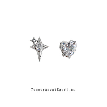 Silver Crystal Star and Heart Mismatched Stud Earrings