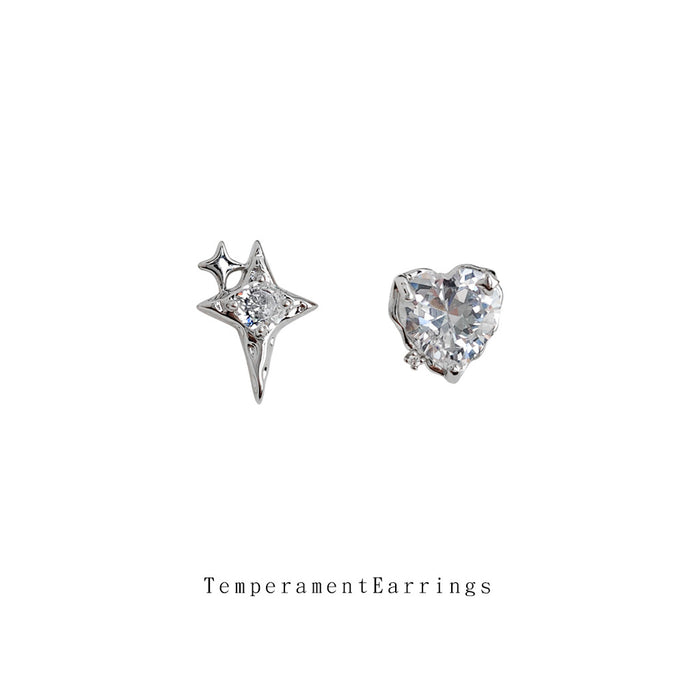 Silver Crystal Star and Heart Mismatched Stud Earrings