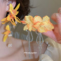 Yellow Fabric Flower Drop Earrings with Silver Chain or Crystal Drops view 2
