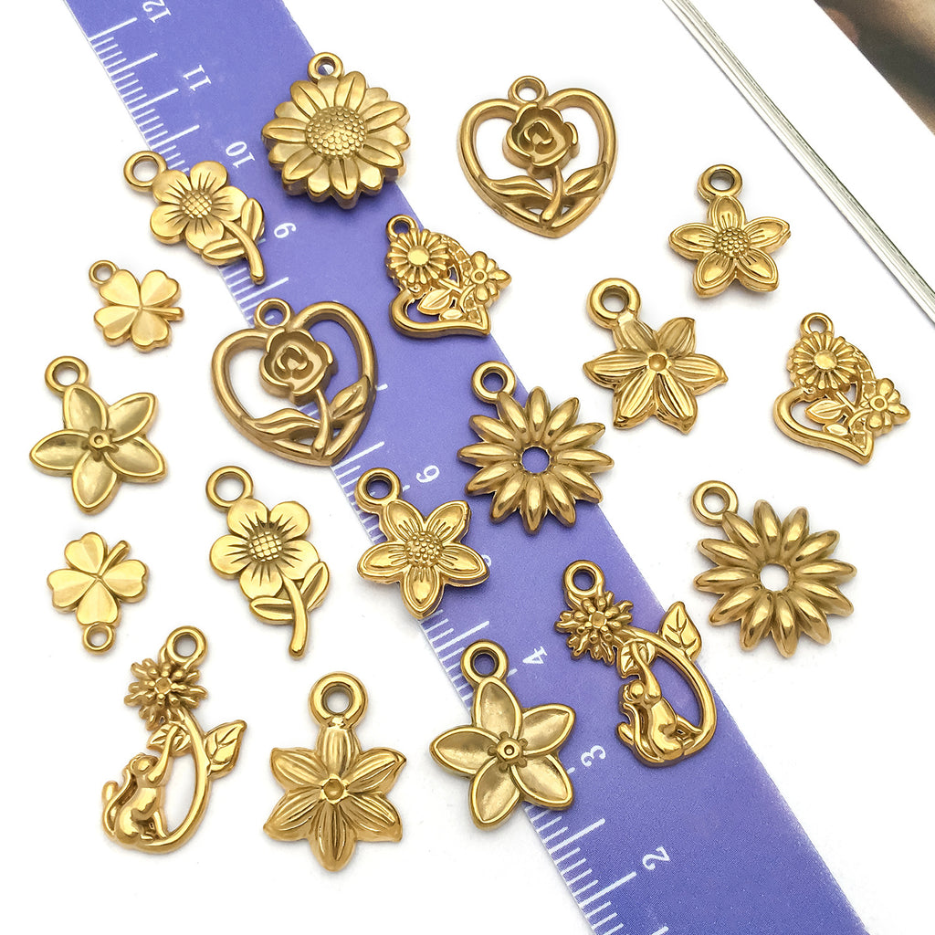 Stainless Steel Gold Sunflower Cherry Blossom Flower Charm Pendant for DIY Earrings Necklace