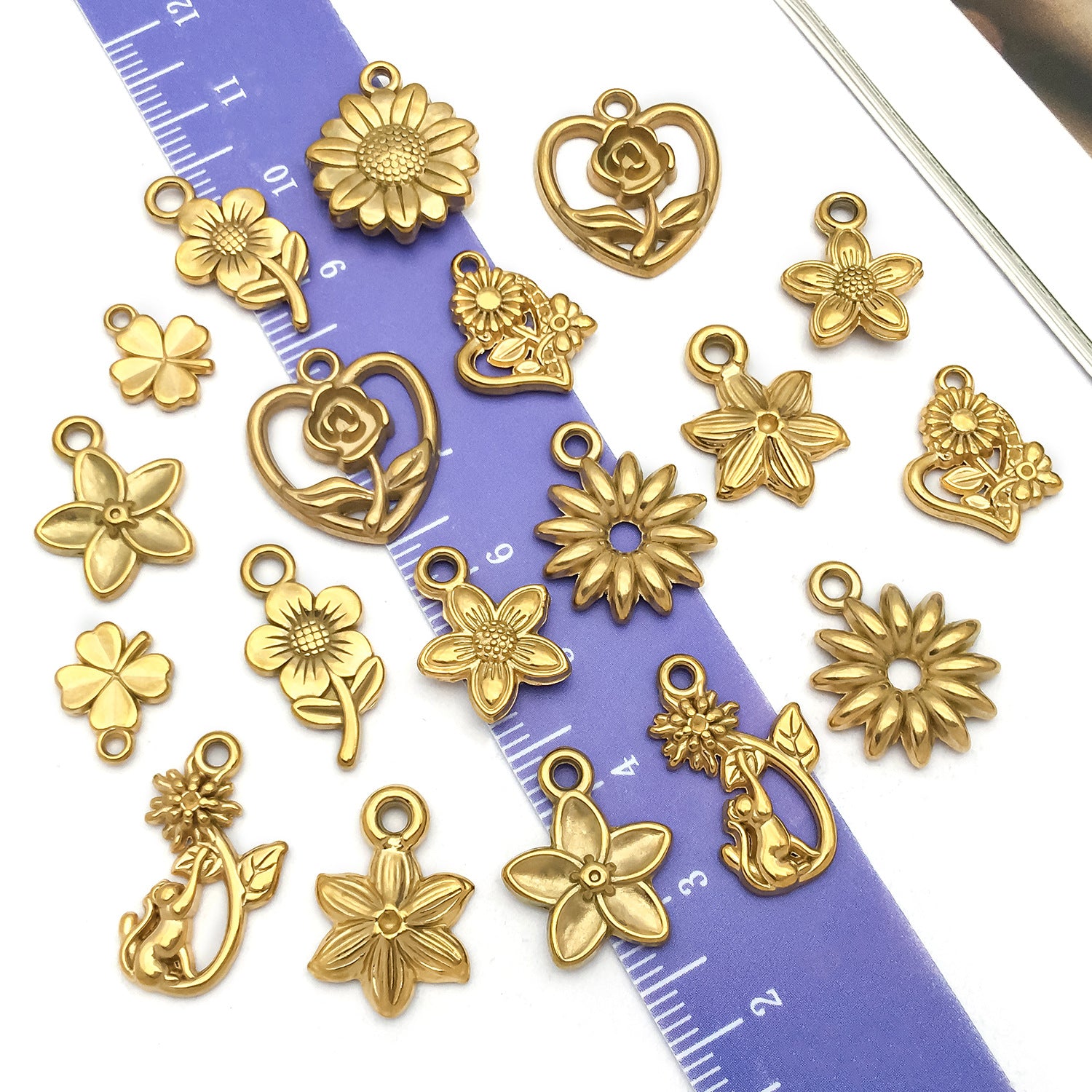 Stainless Steel Gold Sunflower Cherry Blossom Flower Charm Pendant for DIY Earrings Necklace