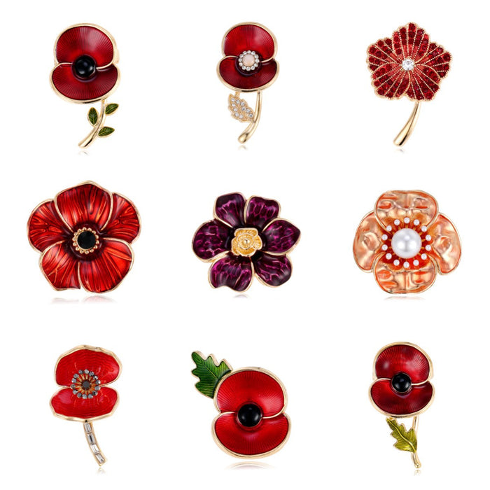 Red Gold Tone Poppy Flower Enamel Nine Designs Metal Brooch Pin