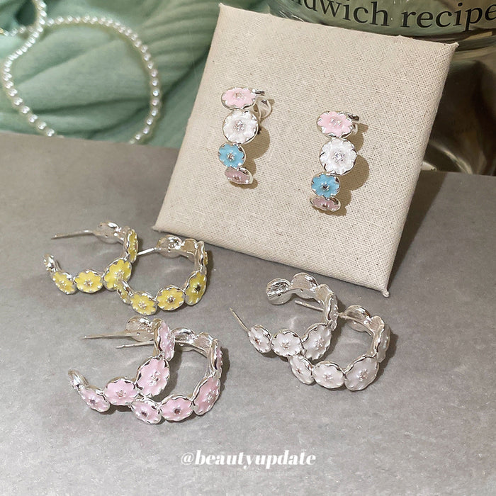 Pastel Three Flower Crystal Huggie Hoop Earrings Statement Jewelry Pair