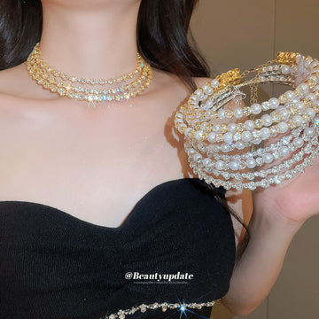 Multi-Layer Crystal Pearl Chokers Necklace Bracelet Earring Sets