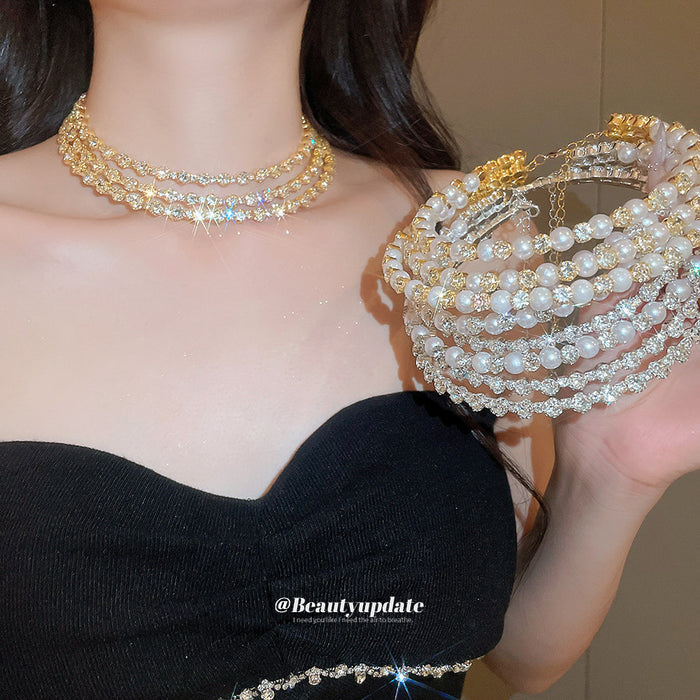 Multi-Layer Crystal Pearl Chokers Necklace Bracelet Earring Sets